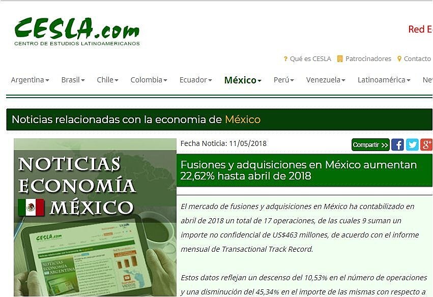 Fusiones y adquisiciones en Mxico aumentan 22,62% hasta abril de 2018